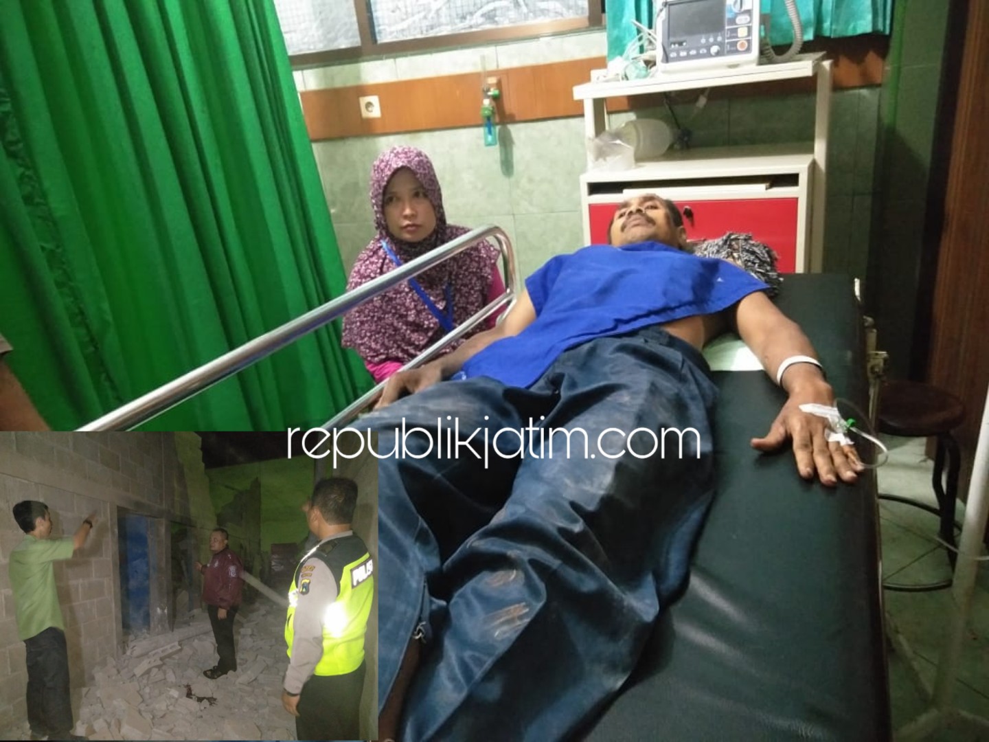 DIRAWAT - Salah seorang korban angin puting beliung, Supriyanto dirawat di RS Anwar Medika Balongbendo yang berhasil selamat, Senin (19/11/2018) malam.