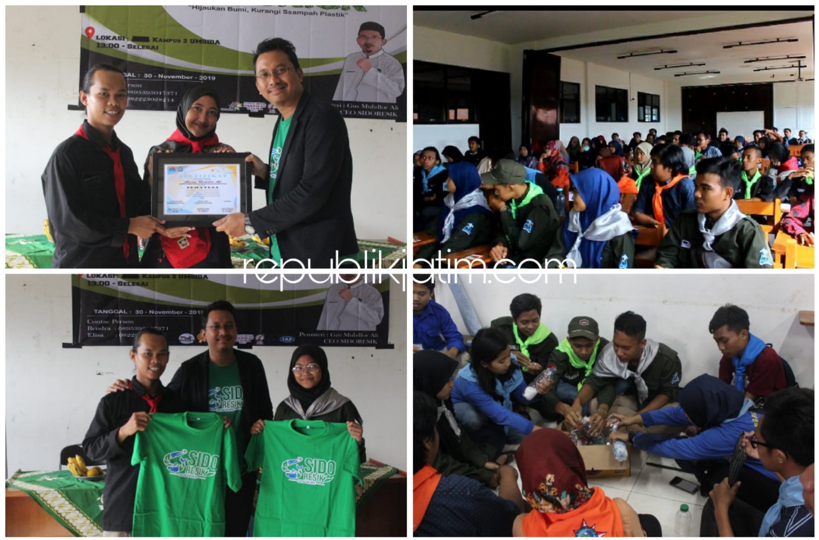 WORKSHOP - CEO Sido Resik, Ahmad Muhdlor Ali bersama hampir 100 anggota Himpunan Mahasiswa Pecinta Alam Sidoarjo (HIMMPAS) Umsida menggelar Workshop Ecobrick, Sabtu (30/11/2019). 
