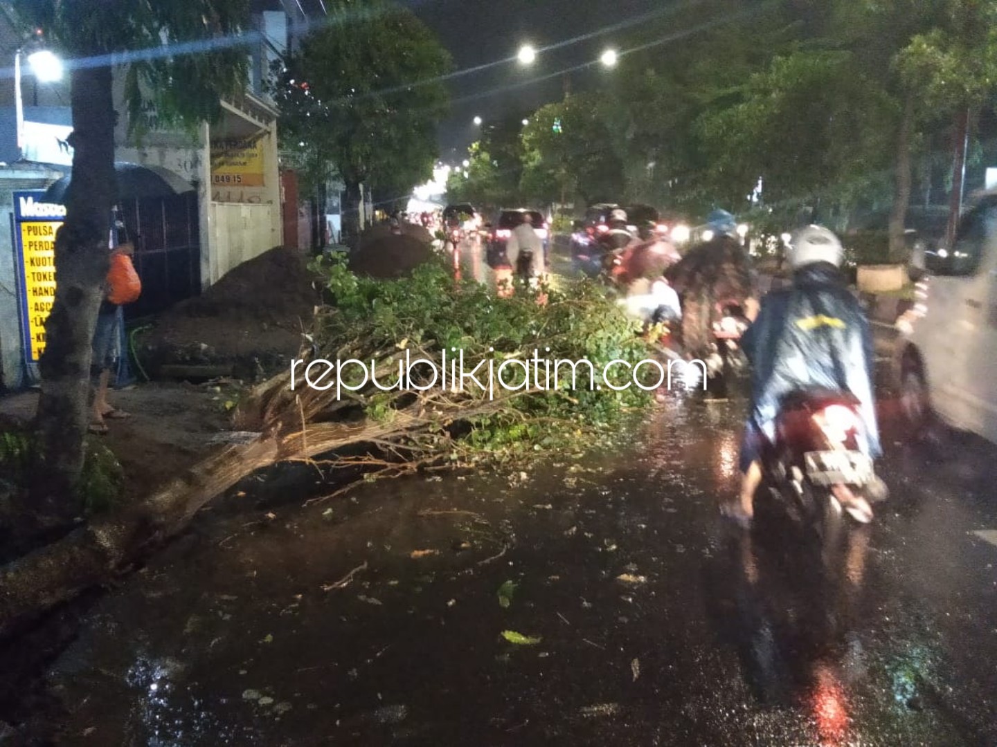 AMBRUK - Pohon yang ambruk di JL A Yani, Kota Sidoarjo menimpa 2 pengguna jalan hingga terluka, Jumat (30/11/2018) petang.