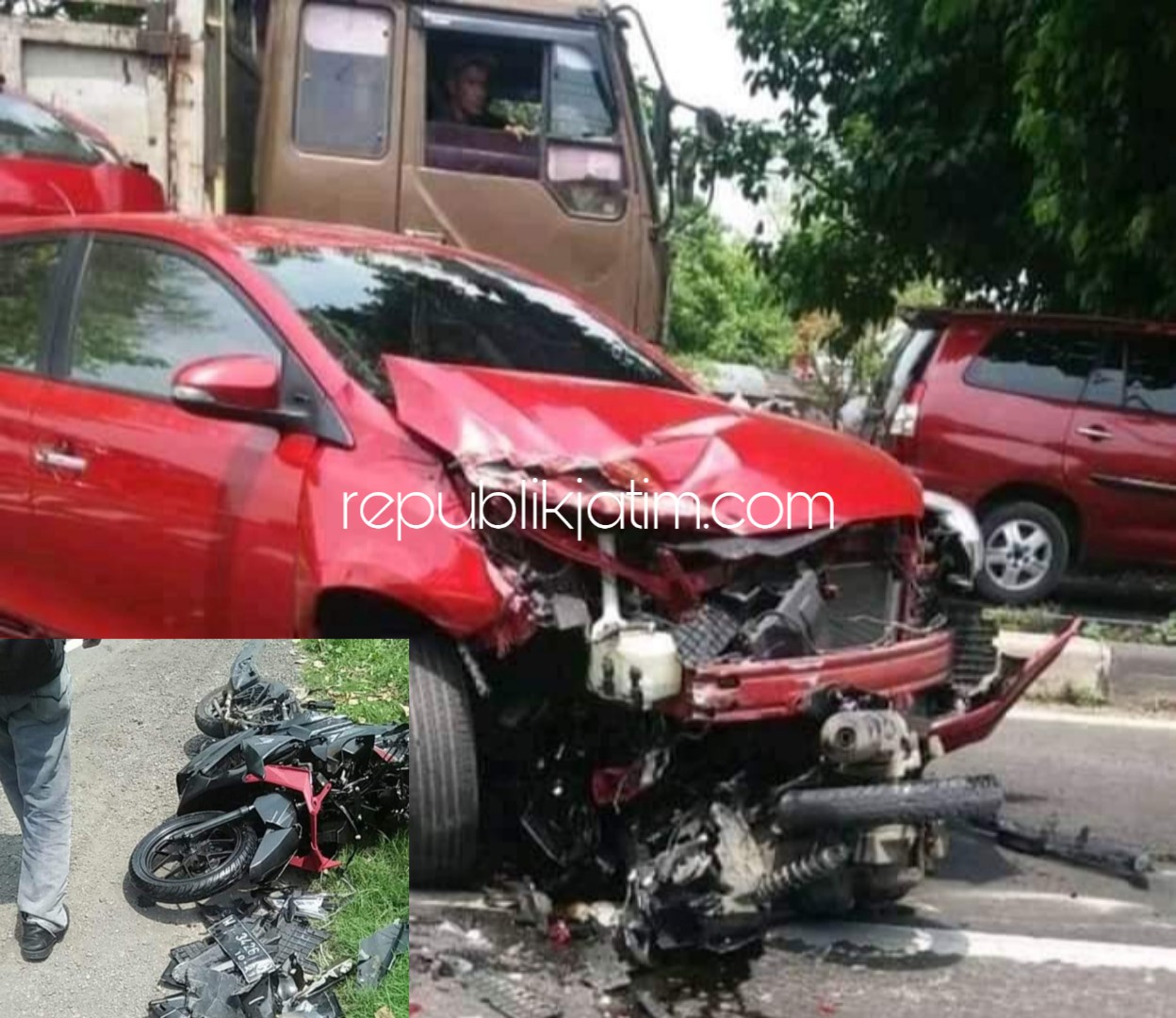 RINGSEK - Kondisi mobil Toyota Yaris merah setelah menabrak motor Honda Vario kondisinya ringsek dan hancur JL Desa Suwaluh, Kecamatan Balongbendo, Sidoarjo, Sabtu (08/12/2018).