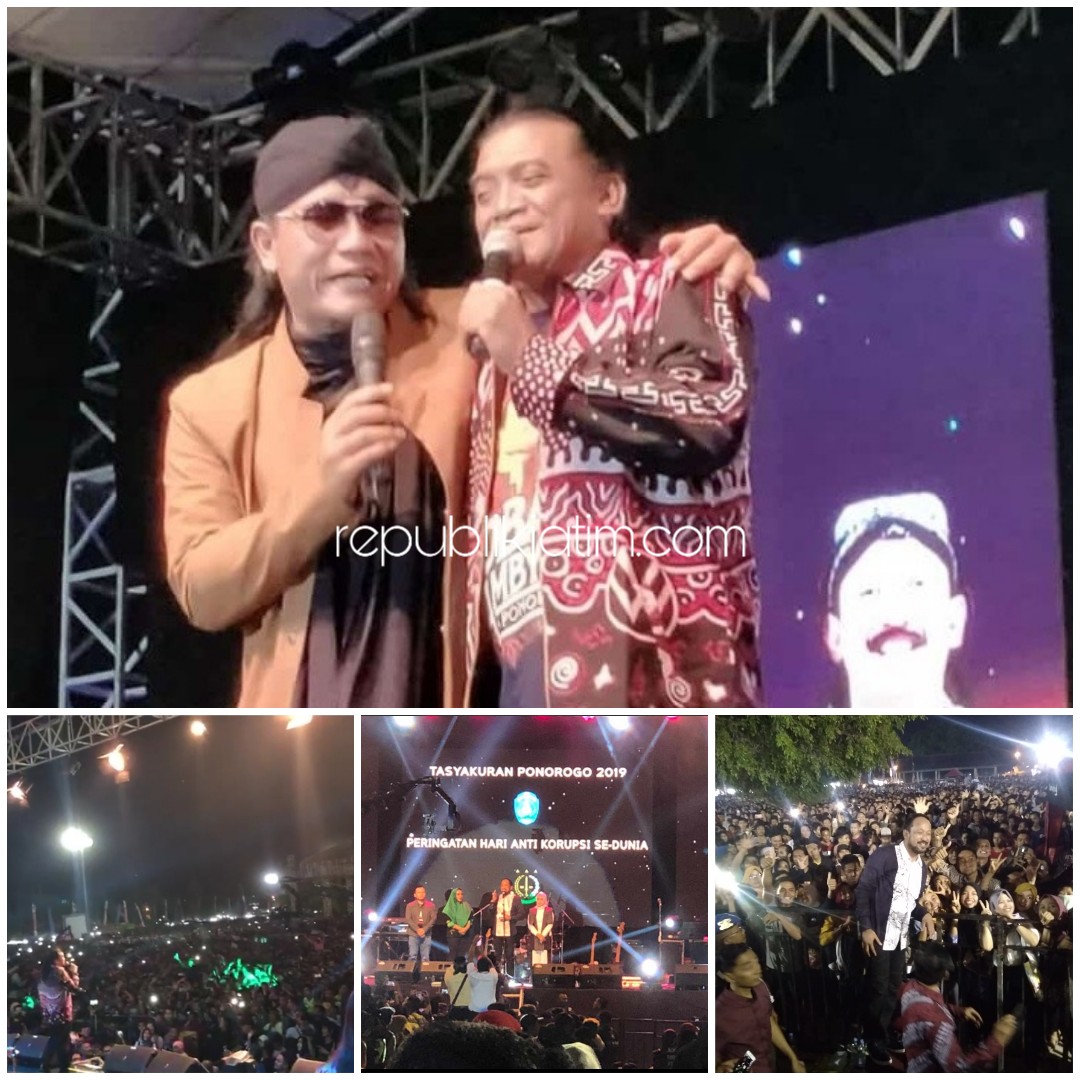 PONOROGO BERGOYANG - Sekitar 50.000 penonton tak henti bergoyang mengikuti lantunan tembang sang God Father Of Broken Heart, Didi Kempot bersama Gua Miftah dan Bupati Ponorogo, Ipong, Selasa (10/12/2019) malam.