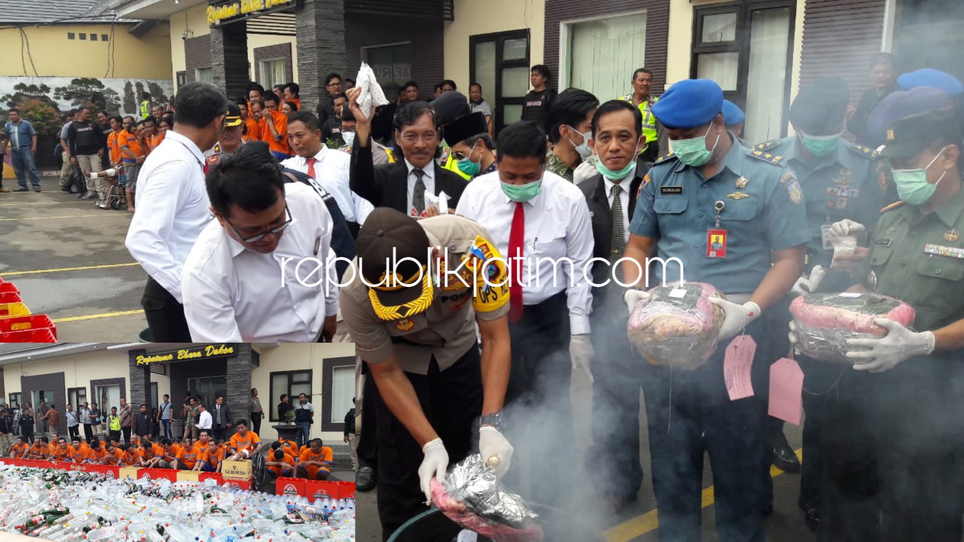 DIMUSNAHKAN - Sebanyak 50.000 butir pil double L, 6.884 botol kiras dan 8,2 kilogram daun Cathinone dimusnahkan di halaman Polresta Sidoarjo, Jumat (21/12/2018).