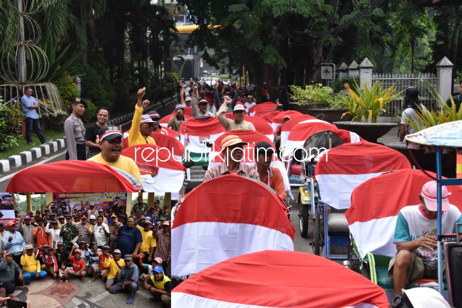 KIRAB - Ratusan anggota Komunitas Becak Sidoarjo menggelar Kirab Merah Putih sebagai salah satu bentuk kecintaan terhadap NKRI dan mendukung Pemilu 2019 Damai, Rabu (26/12/2018).