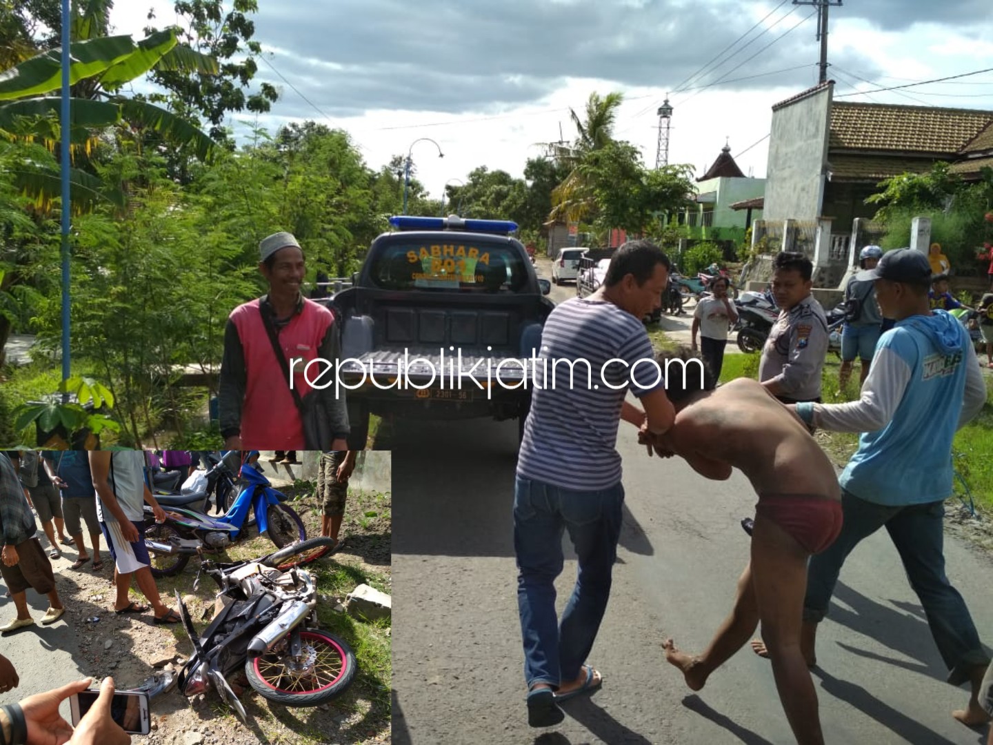 BABAK BELUR - Pelaku pencurian, AI (24) warga JL Gajahmada, Kelurahan Bangunsari, Kecamatan/Kabupaten Ponorogo babak belur dihajar warga Desa Paringan, Kecamatan Jenangan, Ponorogo bersama motornya, Jumat (28/12/2018).