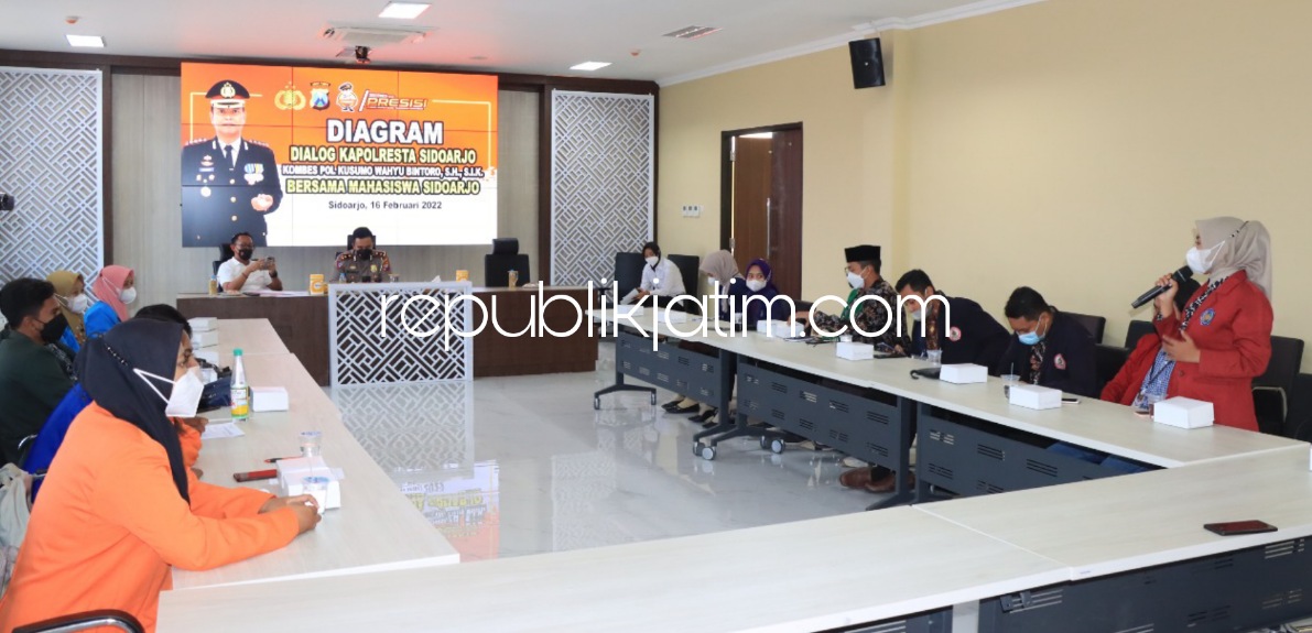 DIALOG - Dalam menjaga sinergitas jajaran Polresta dan mahasiswa Sidoarjo berdialog di ruang Parahita Raksasa Polresta Sidoarjo, Rabu (16/02/2022). 