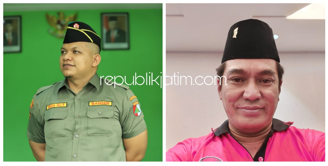 Ketua GP Ansor Sidoarjo, Rizza Ali Fauzi (hijau) dan Ketua Banteng Muda Indonesia (BMI) Sidoarjo, Didik Prasetio (merah)