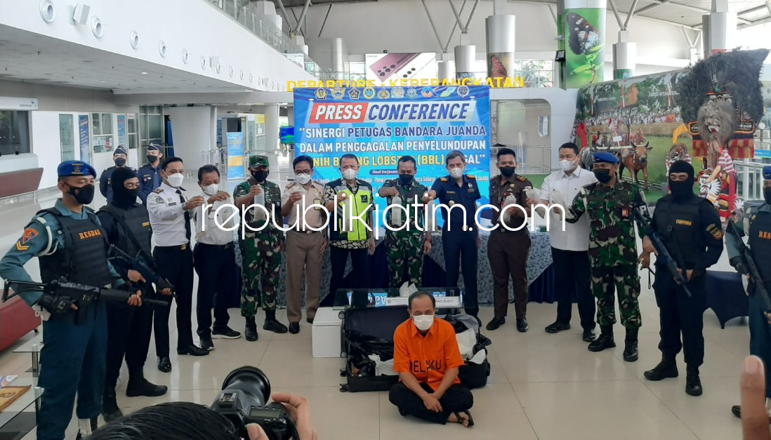 BENIH LOBSTER - Danlanudal Juanda Kolonel Laut (P) Heru Prasetyo memberikan keterangan pers soal penyelundupan Benih Bening Lobster (BBL) ilegal tujuan Singapura lewat Terminal 2 Bandara Juanda senilai Rp 3 miliar, Selasa (17/05/2022).