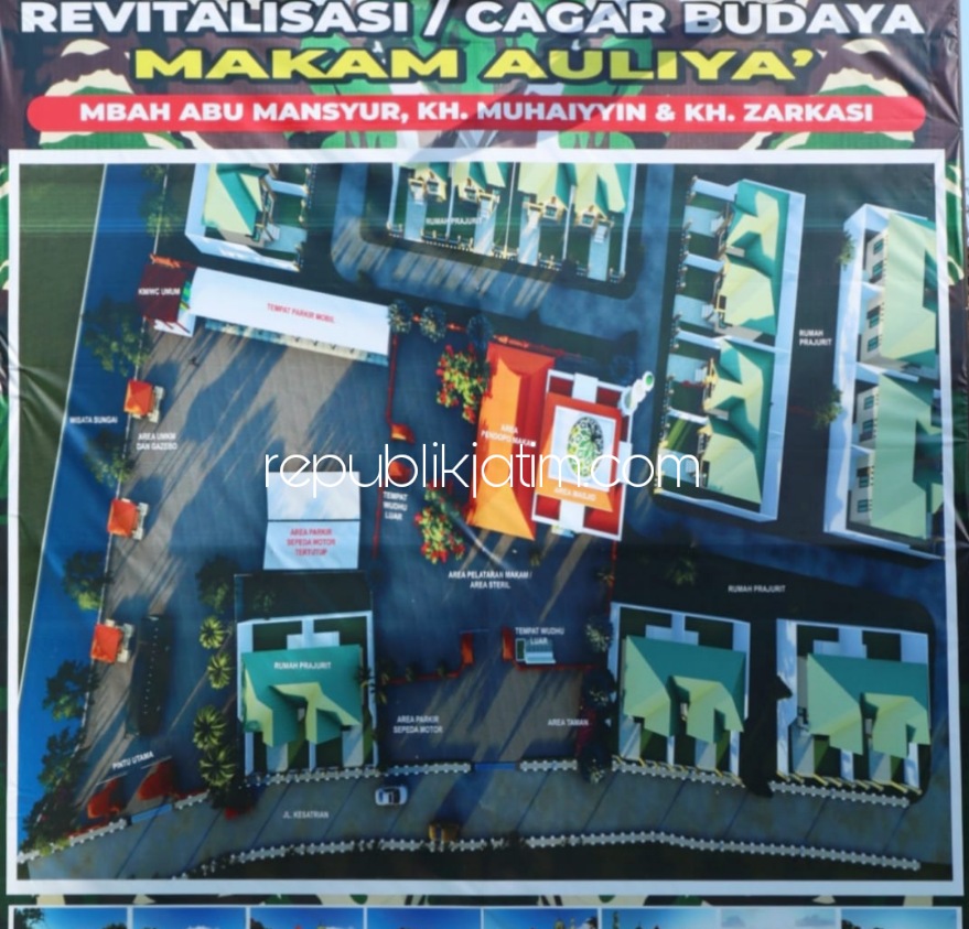 MAKET - Revitalisasi makam ulama Pondok Pesantren Sono, Desa Sidokerto, Kecamatan Buduran, Sidoarjo sudah ada maketnya dan bakal punya lahan parkir luas, Rabu (22/06/2022).