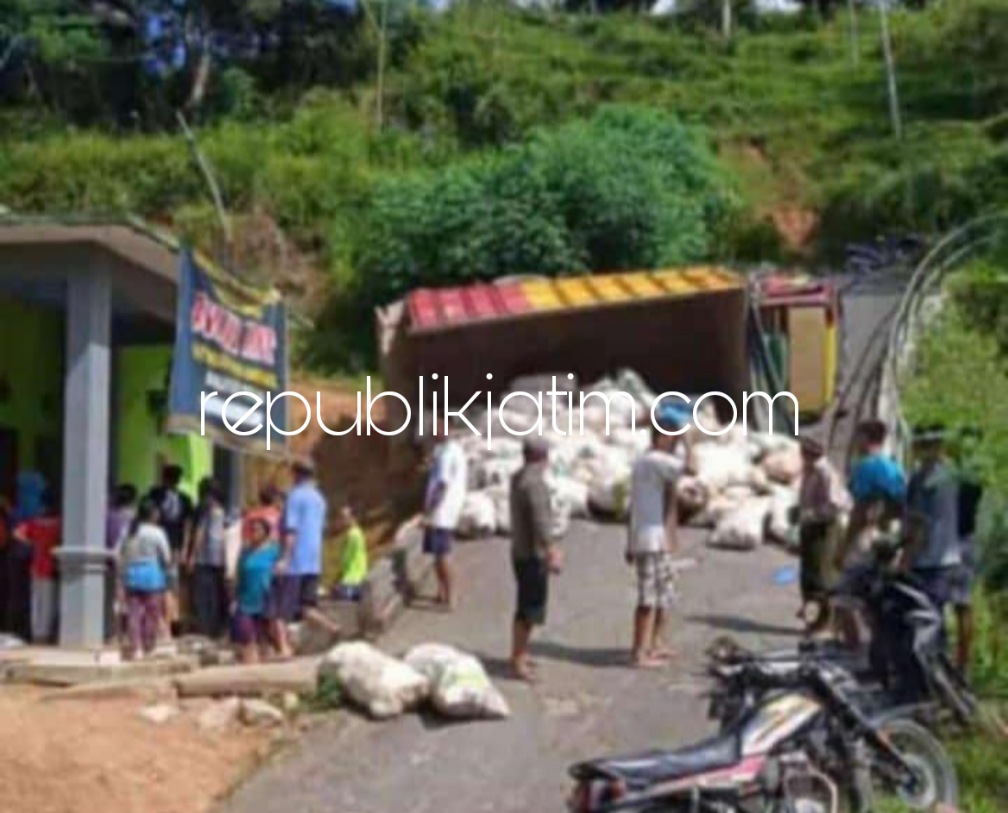 TERGULING - Sebuah truk bernopol AE 9730 SH yang dikemudikan Nandi (46) warga Dusun Galih, Desa Baosan Lor, Kecamatan Ngrayun bermuatan Porang terguling karena as roda belakang patah, Rabu (22/06/2022) sore.