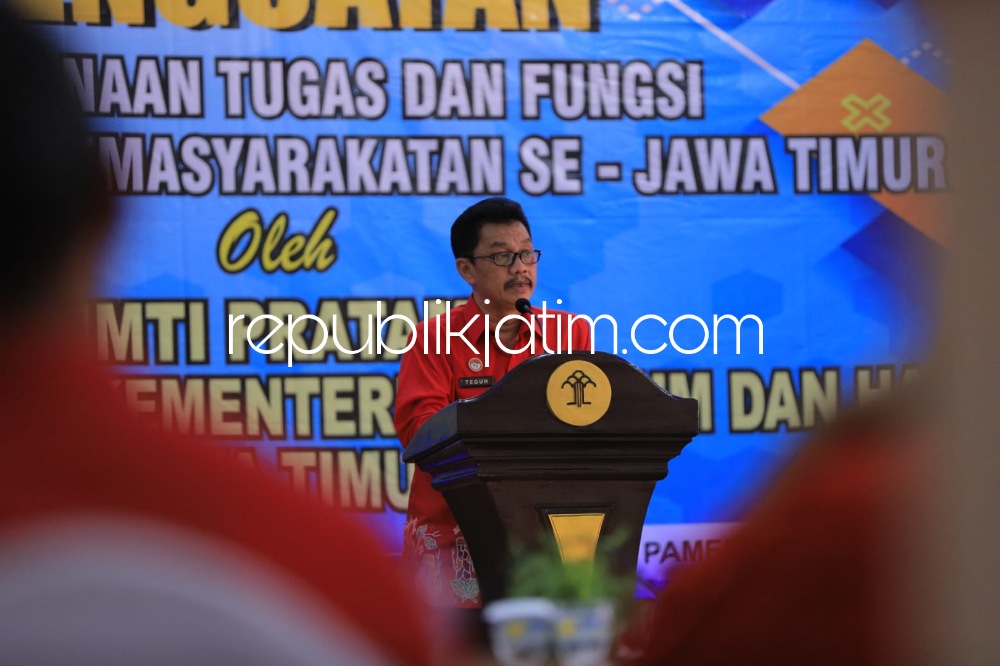 PENEKANAN - Kadiv Pemasyarakatan Kanwil Kemenkumham Jatim, Teguh Wibowo menegaskan komitmen jajaran dalam pemberantasan narkotika saat Penguatan Pelaksanaan Tugas dan Fungsi bagi Kepala UPT Pemasyarakatan se Jatim, Sabtu (12/11/2022).