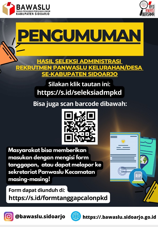 Pengumuman Hasil Seleksi Administrasi Rekrutmen Panwaslu Kelurahan/Desa se Kabupaten Sidoarjo 