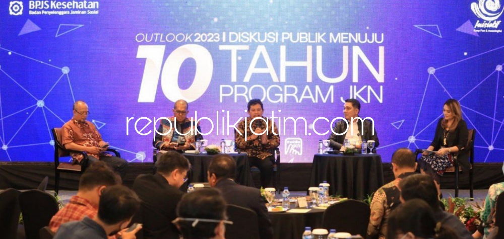 PAPARAN - Direktur Utama BPJS Kesehatan, Ghufron Mukti memaparkan keberhasilan pelayanan kesehatan gotong royong dalam Diskusi Publik Outlook 2023: 10 Tahun Program JKN, Senin (30/01/2023) di Jakarta. 