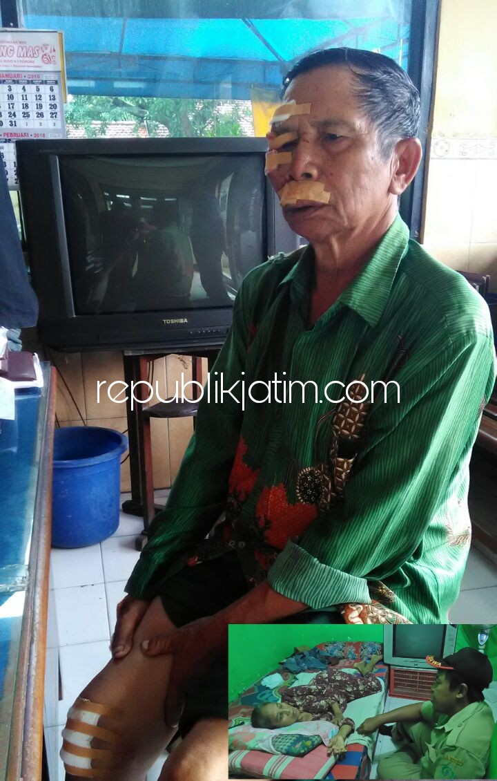 TERLUKA - Korban begal, Adenan yang mengalami luka di sekujur tubuhnya saat laporan di Polsek Porong, Senin (15/01/2018). Insert korban begal, Buatin saat berbaring di rumahnya di besuk perangkat Desa Pesawahan.