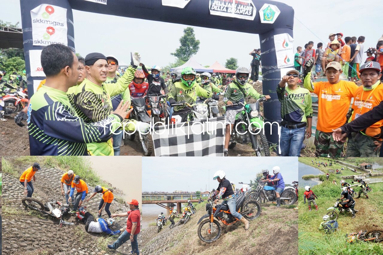 BERAT - Sebanyak 820 peserta Adventure Trail yang digelar dalam rangka HUT Sidoarjo melalui jalur berat tambak, sungai, dan tanggul dengan jarak tempuh 50 kilometer dengan start dan finish di Sirkuit Trail Desa Besuki, Kecamatan Jabon, Minggu (04/03/2018)