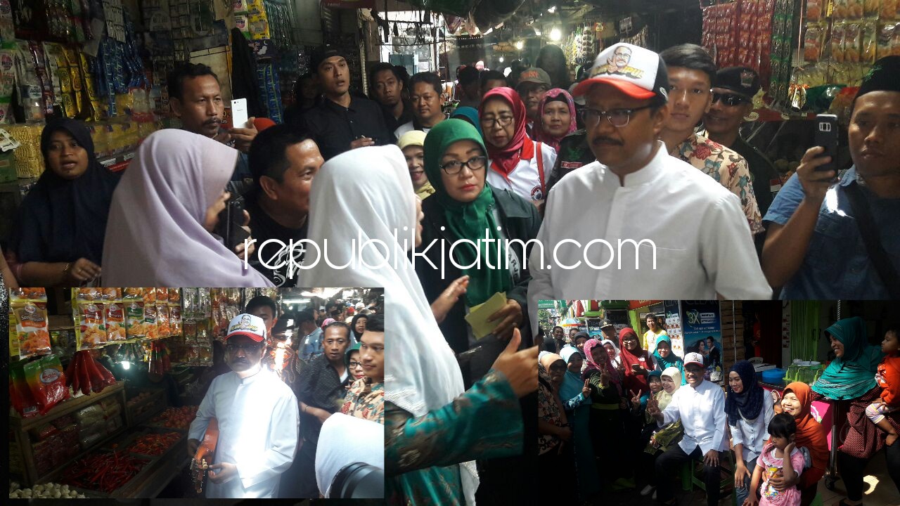 SAMBAT - Calon Gubernur Jawa Timur, Saifullah Yusuf berdialog dengan pedagang dan disambati ribuan pedagang Pasar Larangan, Kecamatan Candi, Kabupaten Sidoarjo, soal perbaikan saluran air dan jalan pasar, Sabtu (10/03/2018).