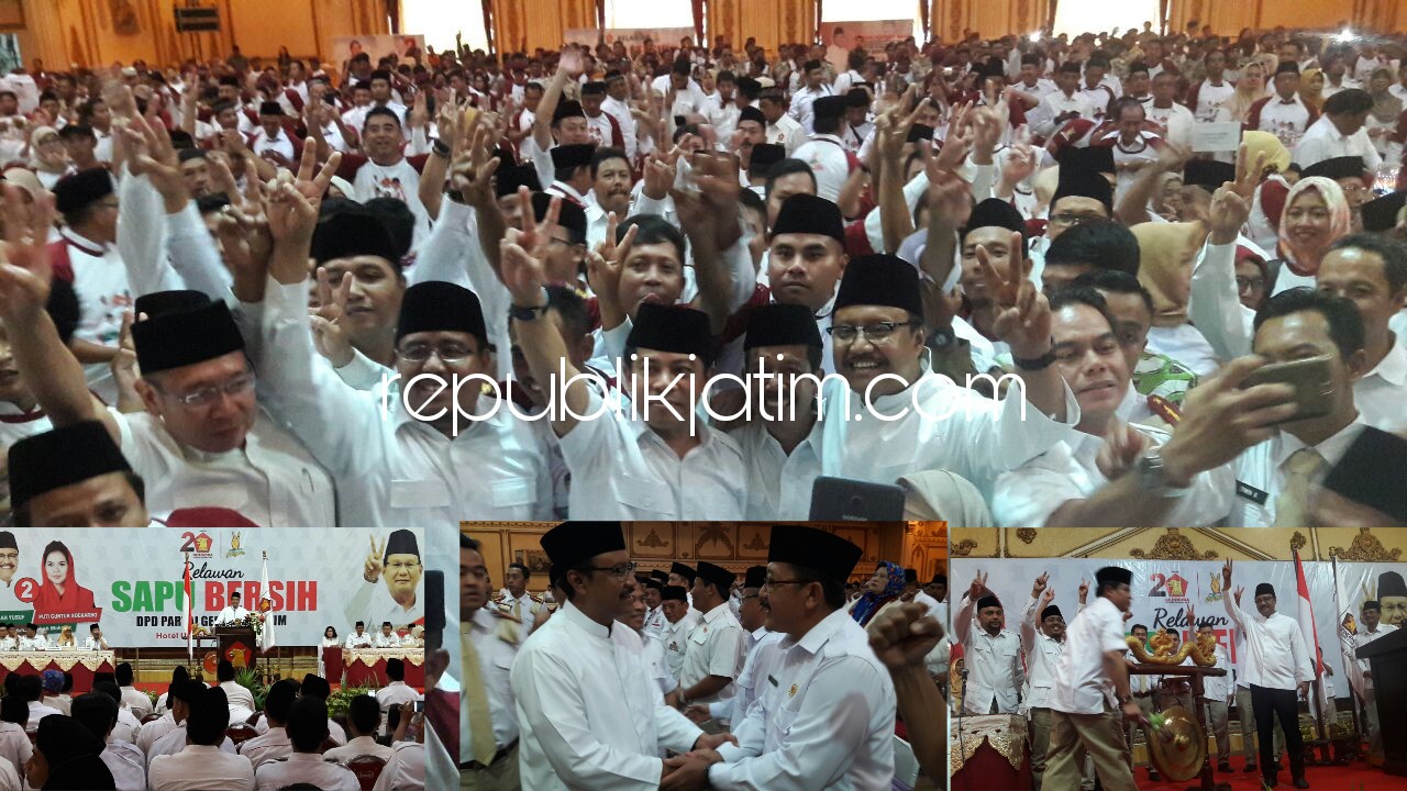 BERBAUR - Calon Gubernur (Cagub) Jawa Timur, Saifullah Yusuf berbaur dengan ribuan kader Partai Gerindra Jawa Timur saat Rapat Koordinasi Pemenangan Pilkada 2018 di Hotel Utami, Juanda, Sidoarjo, Senin (12/03/2018).